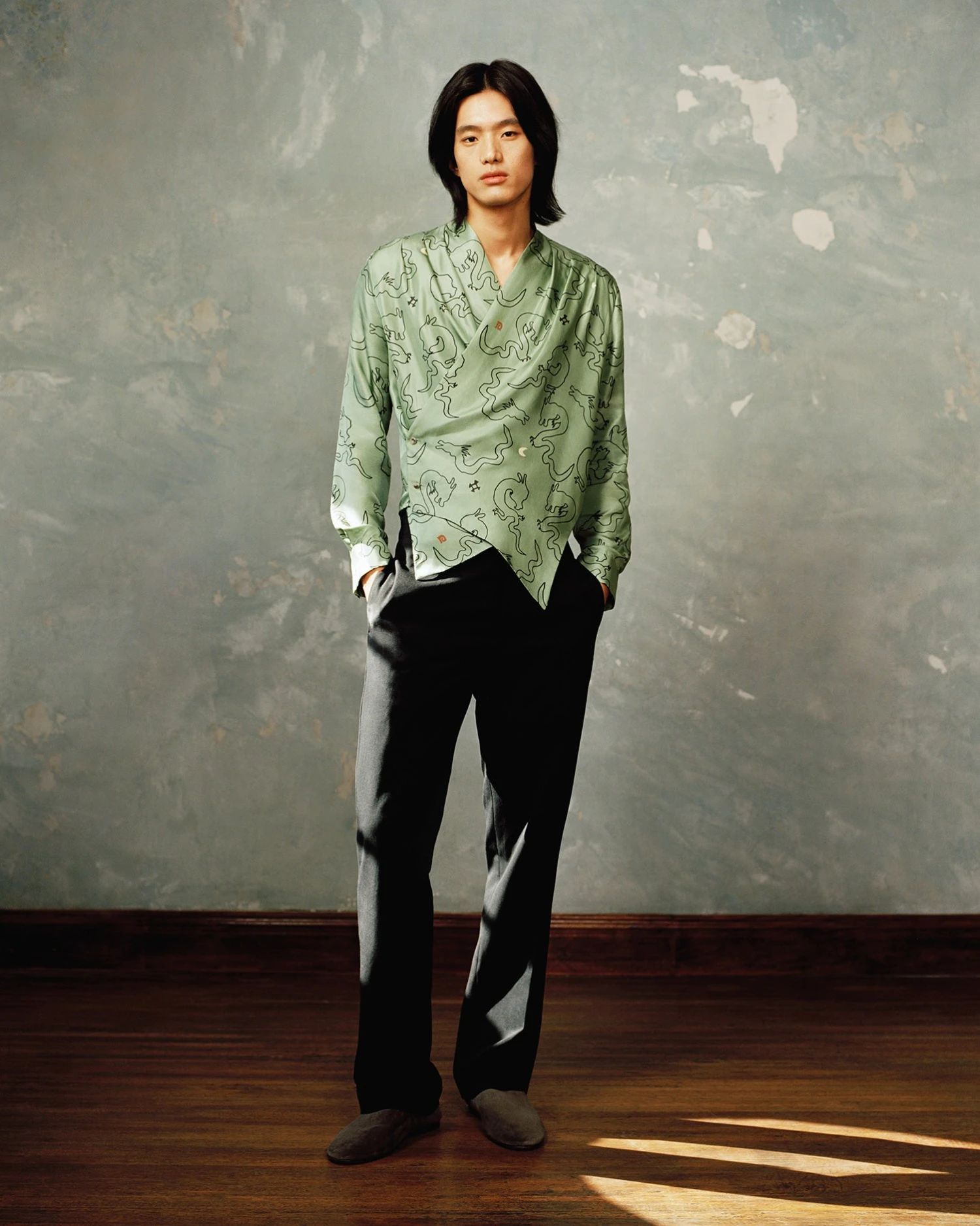 Nanushka Tebbe - Draped Twill Silk Shirt - Green-Aquarelle Dragon Print 3 Nanushka Tebbe - Draped Twill Silk Shirt - Green-Aquarelle Dragon Print