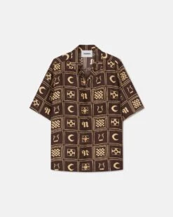 Nanushka Bodil - Printed Silk-Twill Shirt - Apricot Kopjafa -Nanushka Wear Shop BODIL APRICOT TOTEM INVERSE BROWN TWILL SILK