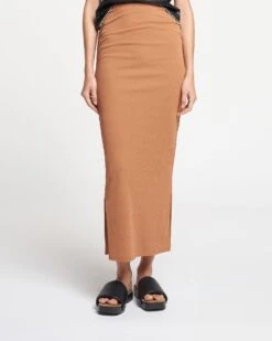 Nanushka Norine - Ruched Mesh-Jersey Midi Skirt - Caramel
