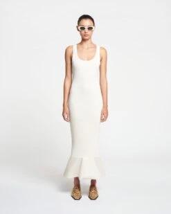 Nanushka Talulla - Leather-Trimmed Ribbed-Jersey Midi Dress - Creme