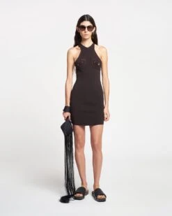 Nanushka Maecy - Crocheted Ribbed-Knit Mini Dress - Dark Oak