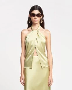 Nanushka Neline - Draped Slip Satin Top - Lime Yellow