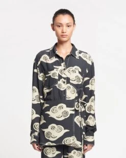 Nanushka Metta - Printed Crepe Shirt Dress - Cloud Black/Creme