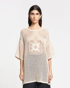 Nanushka Estienne - Crochet Lace T-Shirt - Creme -Nanushka Wear Shop NAN SS24 ECOMM WW TOP DETAIL CROPPED 83