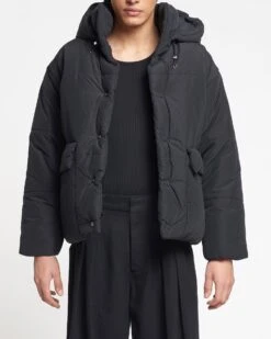 Nanushka Hide Hood - Tech Poplin Hooded Puffer Jacket - Black -Nanushka Wear Shop NU22FWOW02199HIDEHOOD OFFBLACK WRTECHPOPLIN TOP DETAIL CROPPED 01