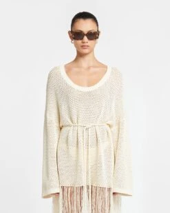 Nanushka Carianne - Fringed Crochet Mini Dress - Creme