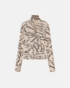 Nanushka Harri - Mesh-Jersey Turtleneck Top - Scribble Logo -Nanushka Wear Shop NW24CRTP00273HARRI SCRIBBLELOGOBROWN RECYCLEDMESHJERSEY 1