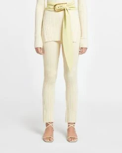 Nanushka Malise - Cropped Ribbed Merino Pants - Lime Yellow/Creme