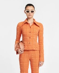 Nanushka Lotte - Checked Seersucker Shirt - Sunset Orange