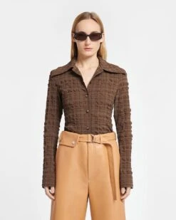 Nanushka Lotte - Checked Seersucker Shirt - Dark Brown