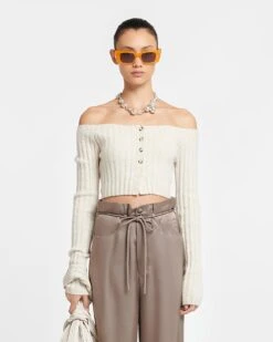 Nanushka Sidone - Off-The-Shoulder Jersey Cardigan - Creme