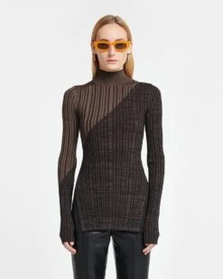 Nanushka Zareen - Ribbed Merino Wool Turtleneck Top - Fossil/Black
